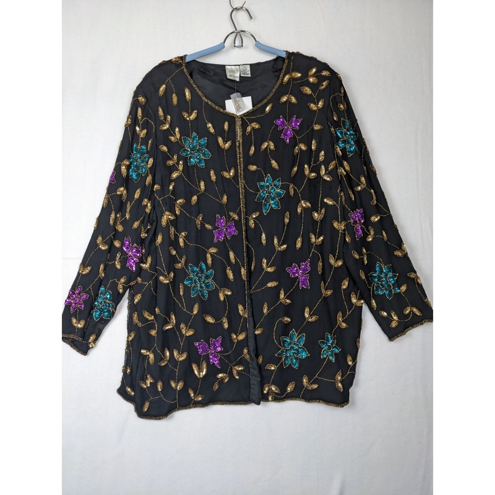 Roamans Black Embroidered Silk Jacket 32 W Gold Sequin Floral Design